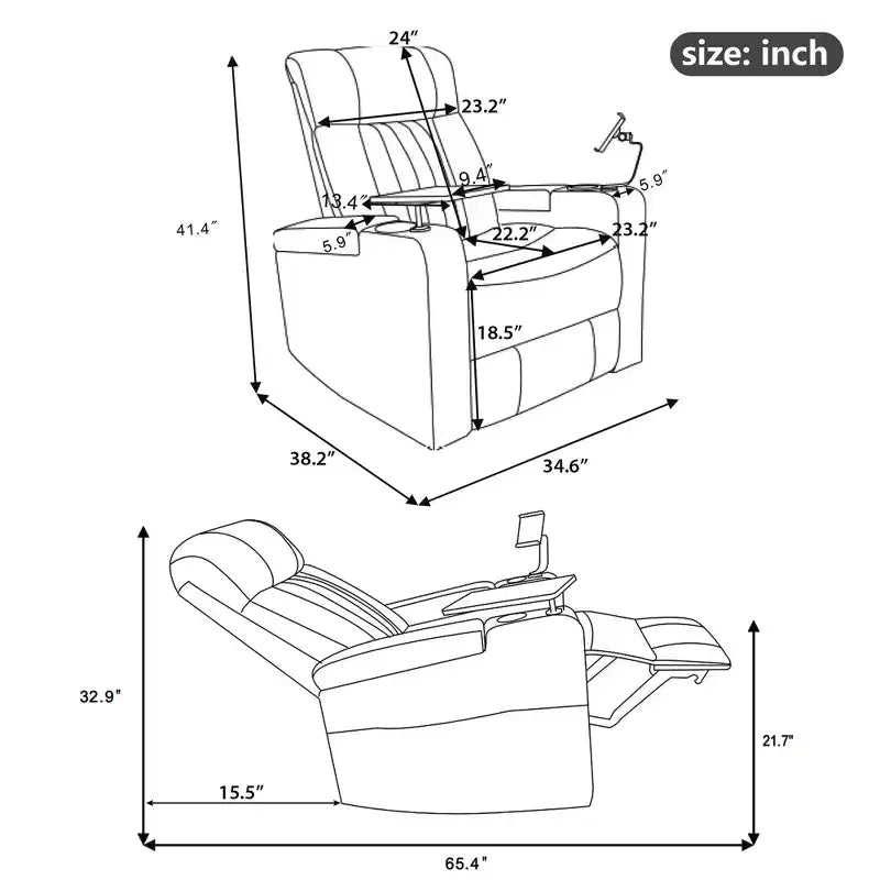 Fauteuil inclinable électrique, fauteuil d'appoint pivotant à 270° avec accoudoir de rangement, lumière LED, porte-gobelet, tablette pivotante et support de téléphone - ModernLuxe