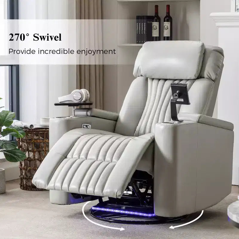 Fauteuil inclinable électrique, fauteuil d'appoint pivotant à 270° avec accoudoir de rangement, lumière LED, porte-gobelet, tablette pivotante et support de téléphone - ModernLuxe