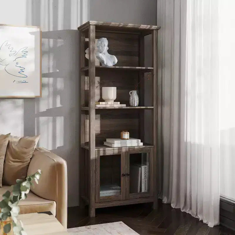 Bibliothèque et meuble de rangement en bois style ferme moderne Emma and Oliver avec portes en verre trempé et 3 étagères supérieures