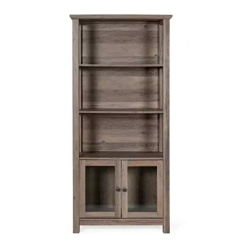 Bibliothèque et meuble de rangement en bois style ferme moderne Emma and Oliver avec portes en verre trempé et 3 étagères supérieures