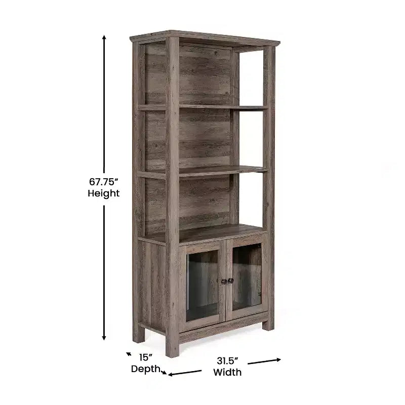 Bibliothèque et meuble de rangement en bois style ferme moderne Emma and Oliver avec portes en verre trempé et 3 étagères supérieures
