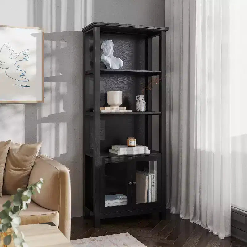 Bibliothèque et meuble de rangement en bois style ferme moderne Emma and Oliver avec portes en verre trempé et 3 étagères supérieures