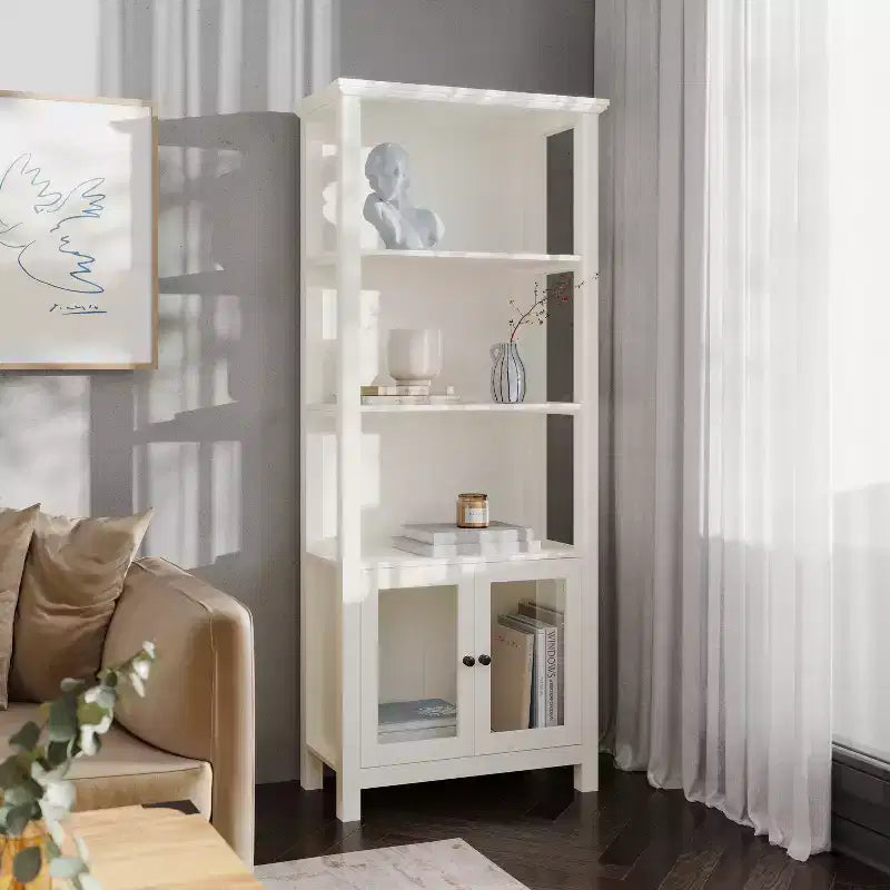 Bibliothèque et meuble de rangement en bois style ferme moderne Emma and Oliver avec portes en verre trempé et 3 étagères supérieures