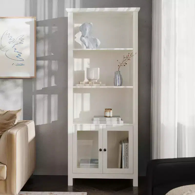 Bibliothèque et meuble de rangement en bois style ferme moderne Emma and Oliver avec portes en verre trempé et 3 étagères supérieures