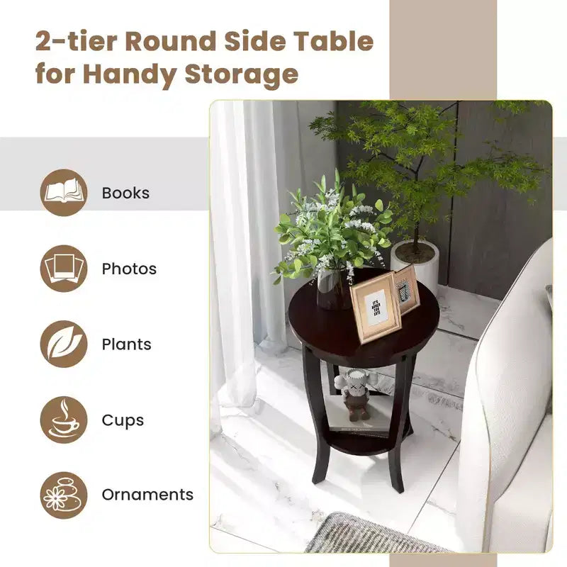 Costway Lot de 2 tables d'appoint rondes à 2 niveaux de 45,7 cm, compactes, pour canapé, table de chevet avec étagère de rangement, expresso/blanc