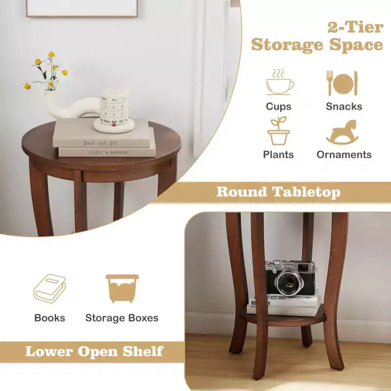 Costway Lot de 2 tables d'appoint rondes à 2 niveaux de 45,7 cm, compactes, pour canapé, table de chevet avec étagère de rangement, expresso/blanc