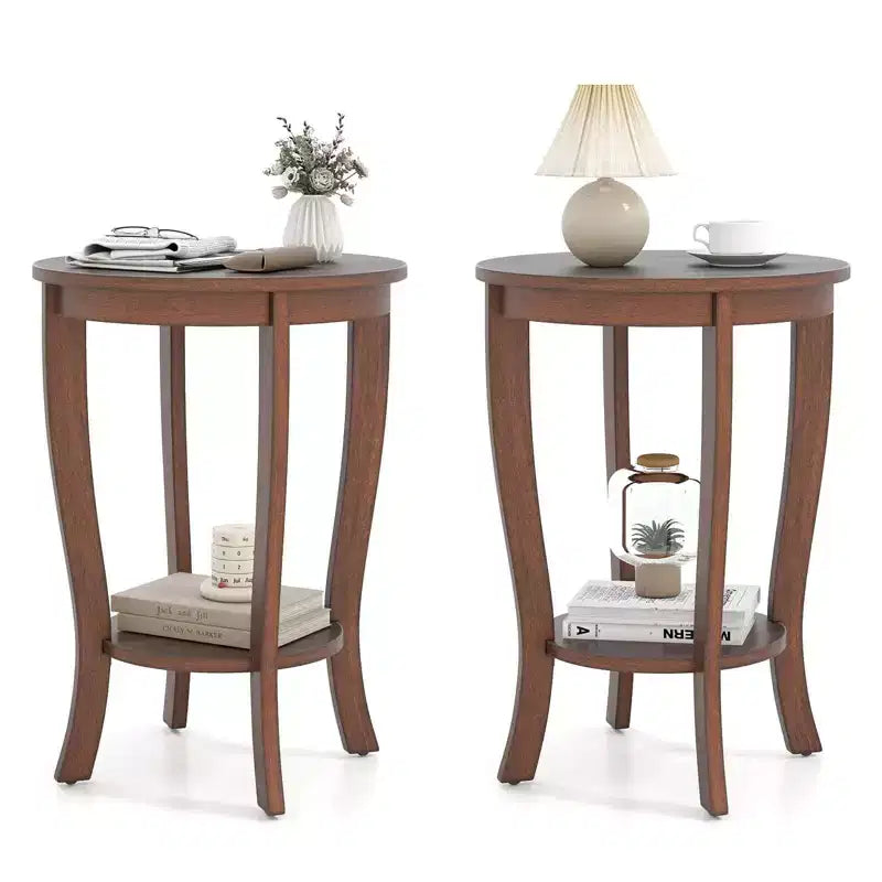 Costway 2 PCS 2-Tier End Table 18'' Round Compact Sofa Side Nightstand with Storage Shelf Espresso/White