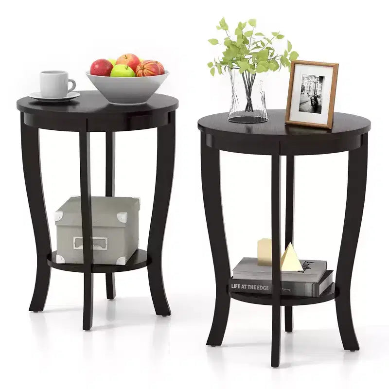 Costway Lot de 2 tables d'appoint rondes à 2 niveaux de 45,7 cm, compactes, pour canapé, table de chevet avec étagère de rangement, expresso/blanc