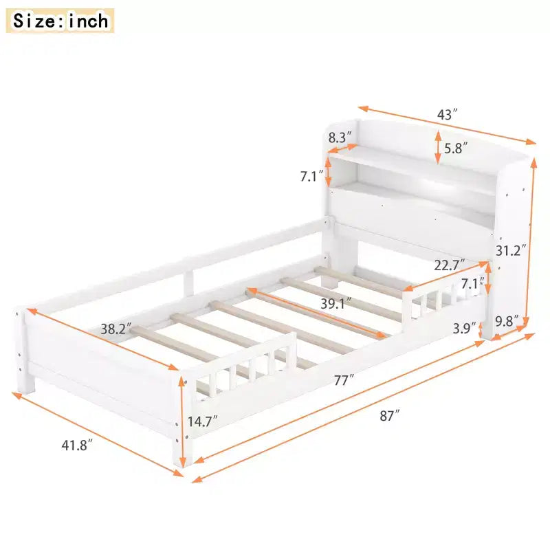 Lit plateforme en bois avec lumières LED intégrées, tête de lit de rangement et barrières de sécurité - ModernLuxe