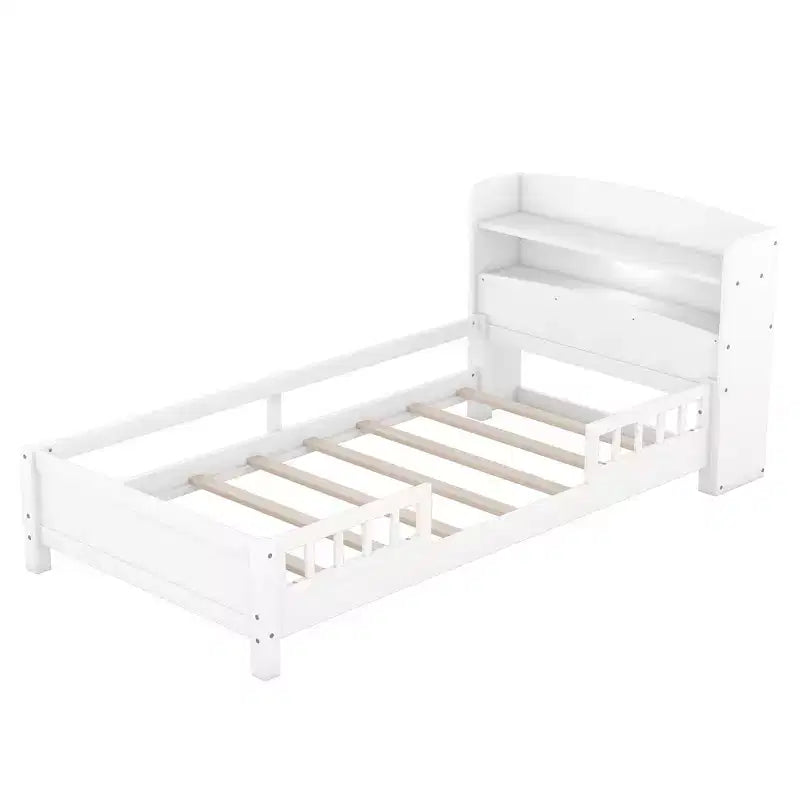 Lit plateforme en bois avec lumières LED intégrées, tête de lit de rangement et barrières de sécurité - ModernLuxe