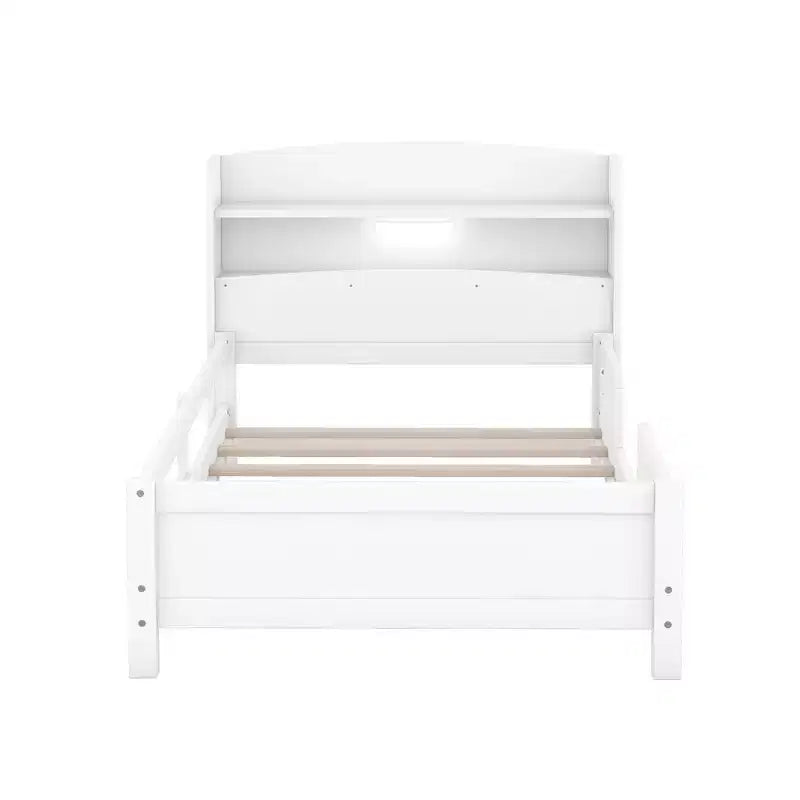 Lit plateforme en bois avec lumières LED intégrées, tête de lit de rangement et barrières de sécurité - ModernLuxe