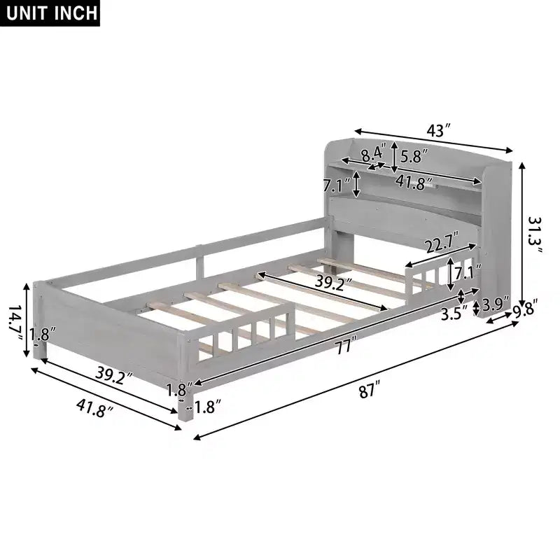 Lit plateforme en bois avec lumières LED intégrées, tête de lit de rangement et barrières de sécurité - ModernLuxe
