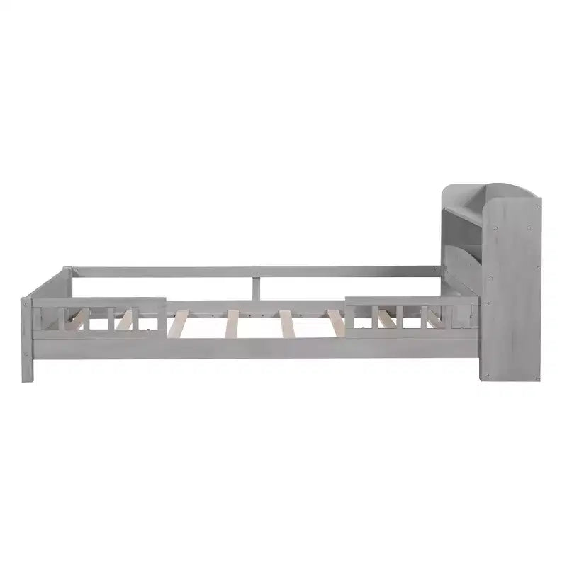 Lit plateforme en bois avec lumières LED intégrées, tête de lit de rangement et barrières de sécurité - ModernLuxe