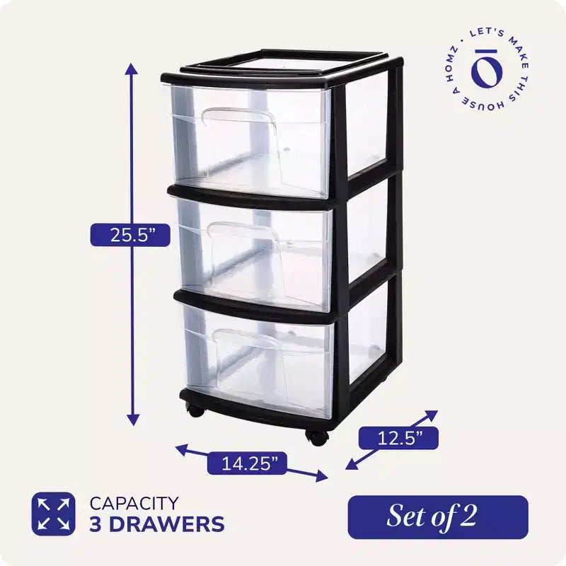 Tour de rangement Homz en plastique à 3 tiroirs, taille moyenne, tiroirs transparents et cadre noir (paquet de 2)