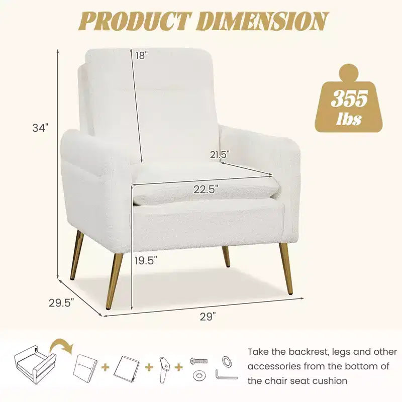 Costway Fauteuil moderne avec accoudoirs rembourrés et pieds fuselés en métal blanc