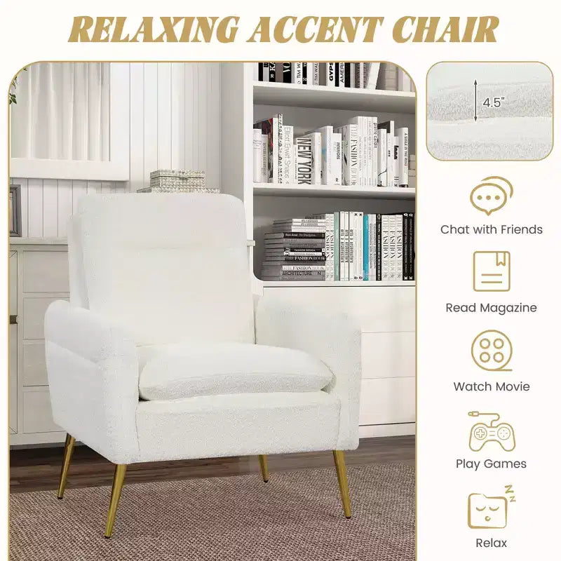 Costway Fauteuil moderne avec accoudoirs rembourrés et pieds fuselés en métal blanc