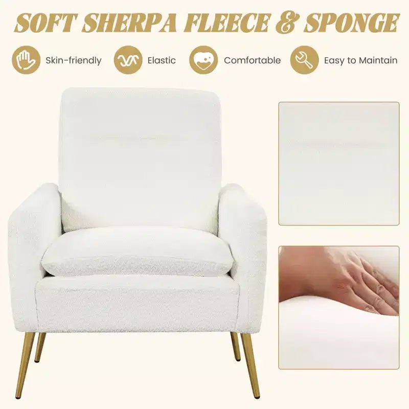 Costway Fauteuil moderne avec accoudoirs rembourrés et pieds fuselés en métal blanc