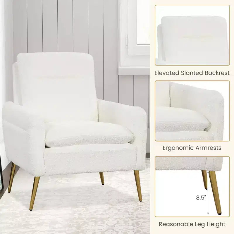Costway Fauteuil moderne avec accoudoirs rembourrés et pieds fuselés en métal blanc