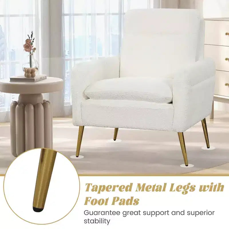 Costway Fauteuil moderne avec accoudoirs rembourrés et pieds fuselés en métal blanc