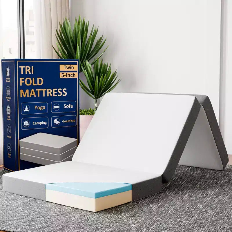 Continental Sleep 5 Portable Tri Folding Gel Memory Foam Mattress | Breathable Mesh Sides with Ultra Soft, Removable and Washable Cover,