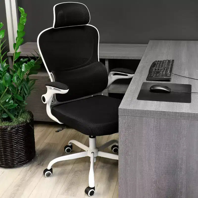Chaise de bureau Elama à dossier haut, en maille et tissu, avec base en métal et appuie-tête réglable