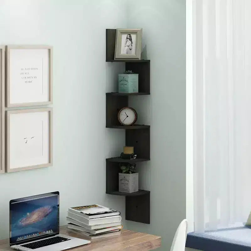 Furinno 5-Tier Modern Wall Mount Floating Corner Bookshelf Ladder Shelf