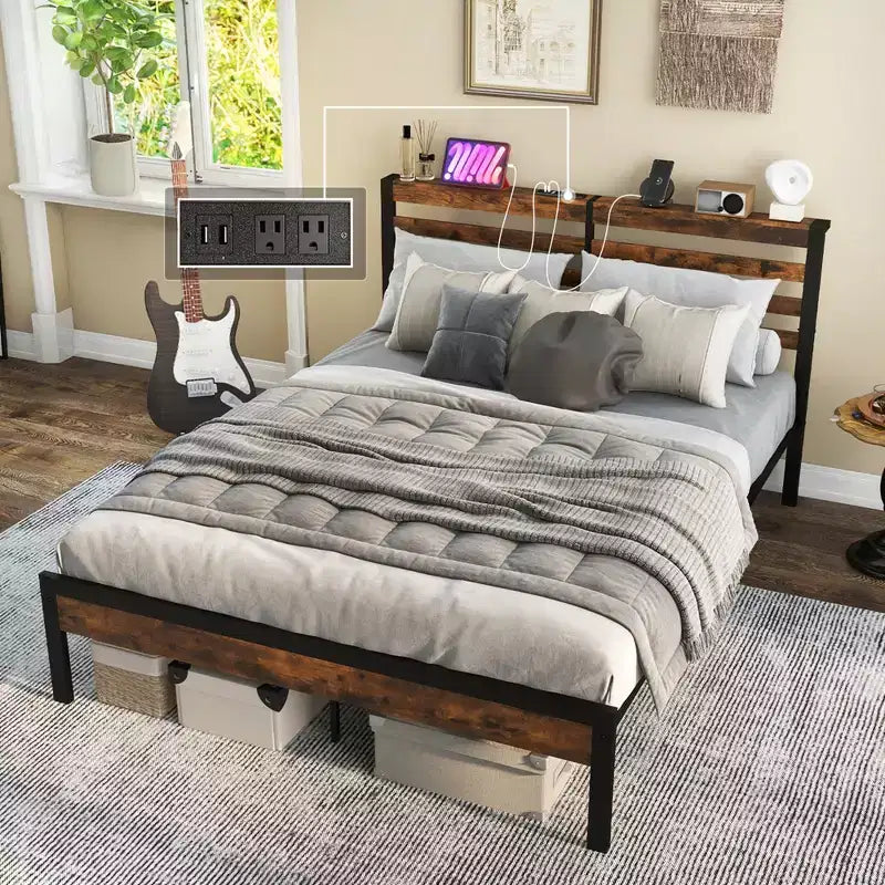 Costway Full Industrial Metal Platform Bed Frame Charging Station Mattress Foundation