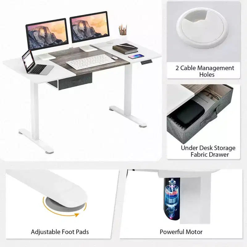 Bureau Debout Électrique Costway 140 cm x 71 cm, Hauteur Réglable, Assis-Debout, avec Port de Recharge USB, Naturel/Noir/Gris/Marron/Blanc