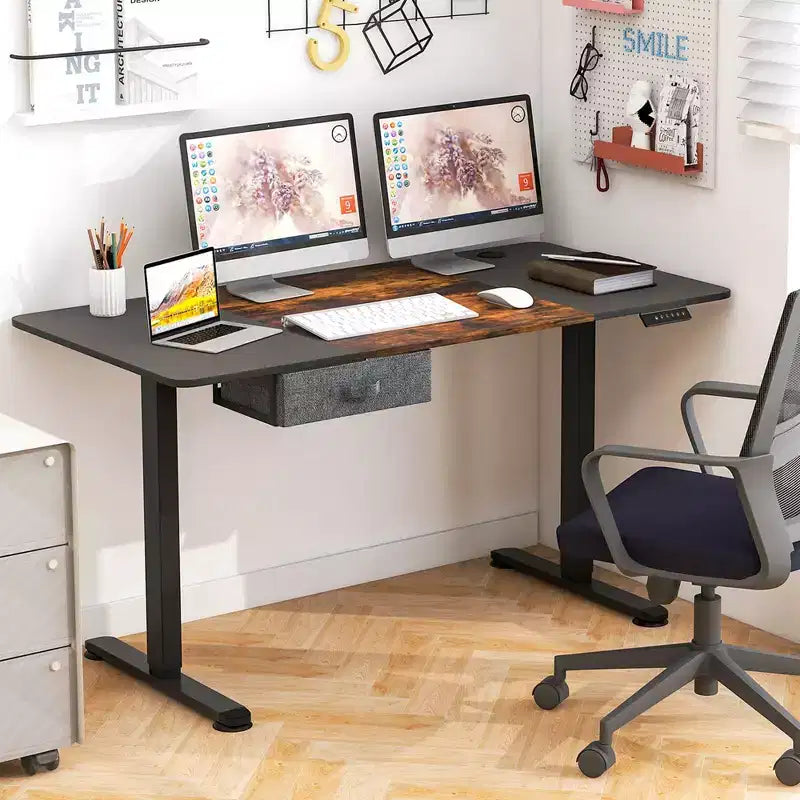 Bureau Debout Électrique Costway 140 cm x 71 cm, Hauteur Réglable, Assis-Debout, avec Port de Recharge USB, Naturel/Noir/Gris/Marron/Blanc