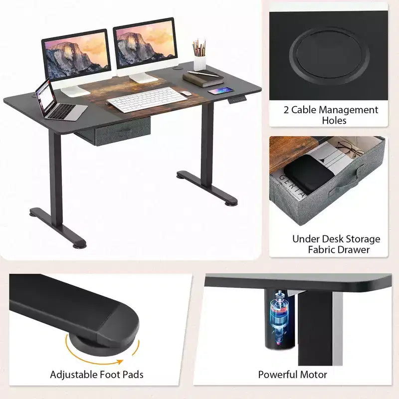 Bureau Debout Électrique Costway 140 cm x 71 cm, Hauteur Réglable, Assis-Debout, avec Port de Recharge USB, Naturel/Noir/Gris/Marron/Blanc
