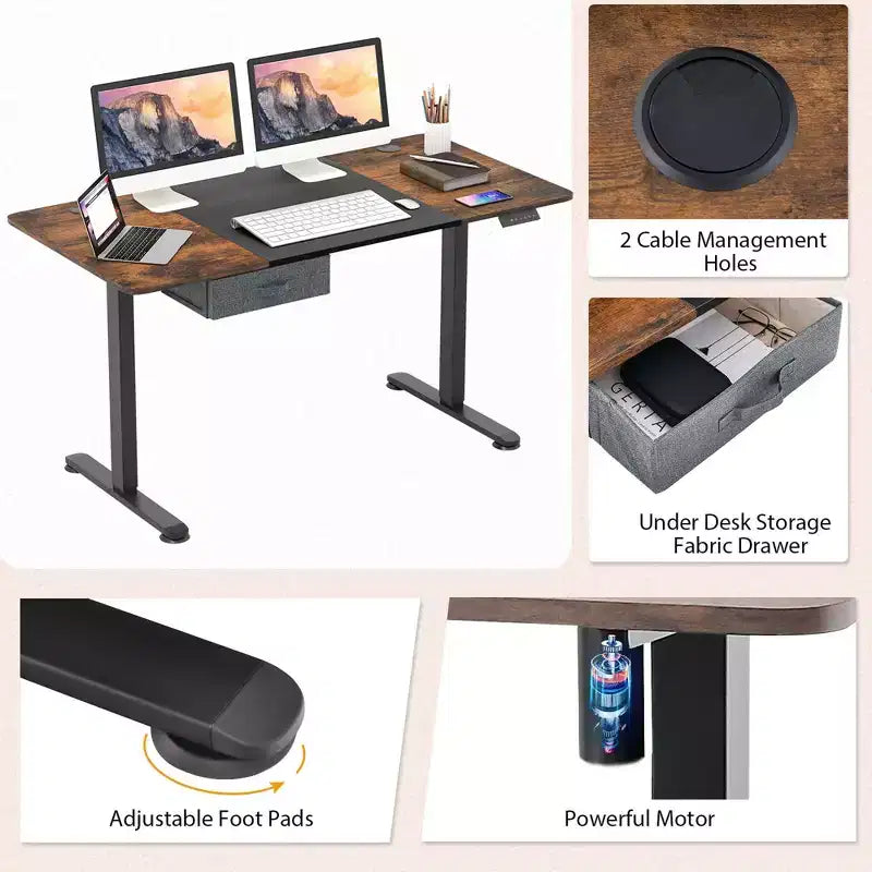 Bureau Debout Électrique Costway 140 cm x 71 cm, Hauteur Réglable, Assis-Debout, avec Port de Recharge USB, Naturel/Noir/Gris/Marron/Blanc