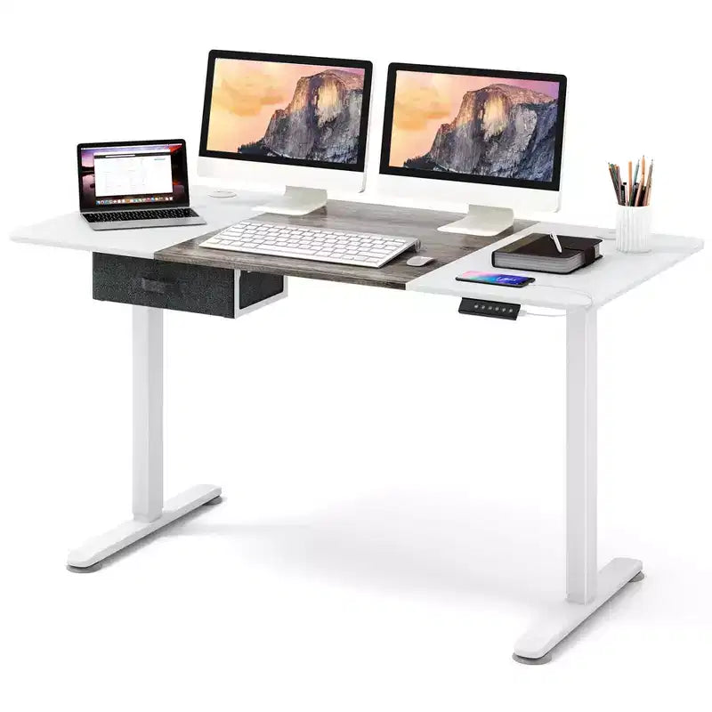 Bureau Debout Électrique Costway 140 cm x 71 cm, Hauteur Réglable, Assis-Debout, avec Port de Recharge USB, Naturel/Noir/Gris/Marron/Blanc