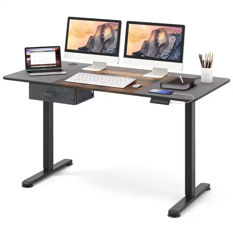 Bureau Debout Électrique Costway 140 cm x 71 cm, Hauteur Réglable, Assis-Debout, avec Port de Recharge USB, Naturel/Noir/Gris/Marron/Blanc