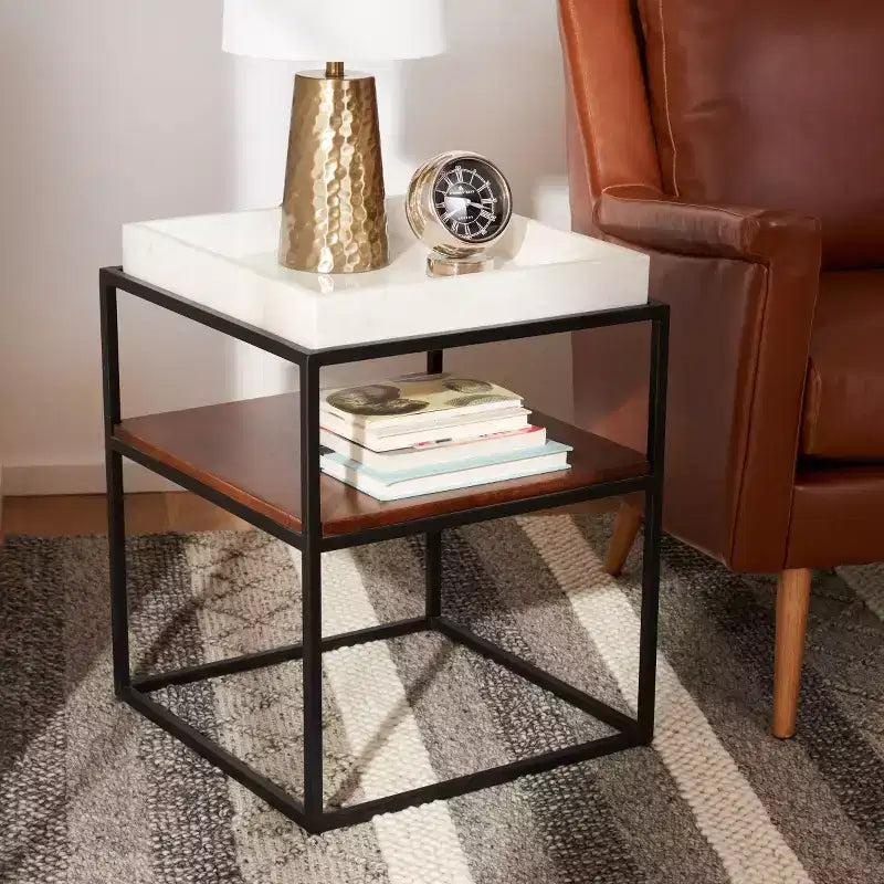 Table d'appoint à 2 niveaux Kya - ACC3709A - Blanc/Noyer - Safavieh