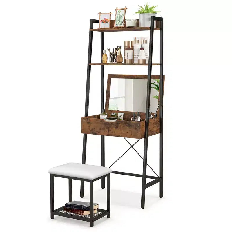 Coiffeuse Costway avec miroir relevable, étagère de rangement et tabouret capitonné, style rustique