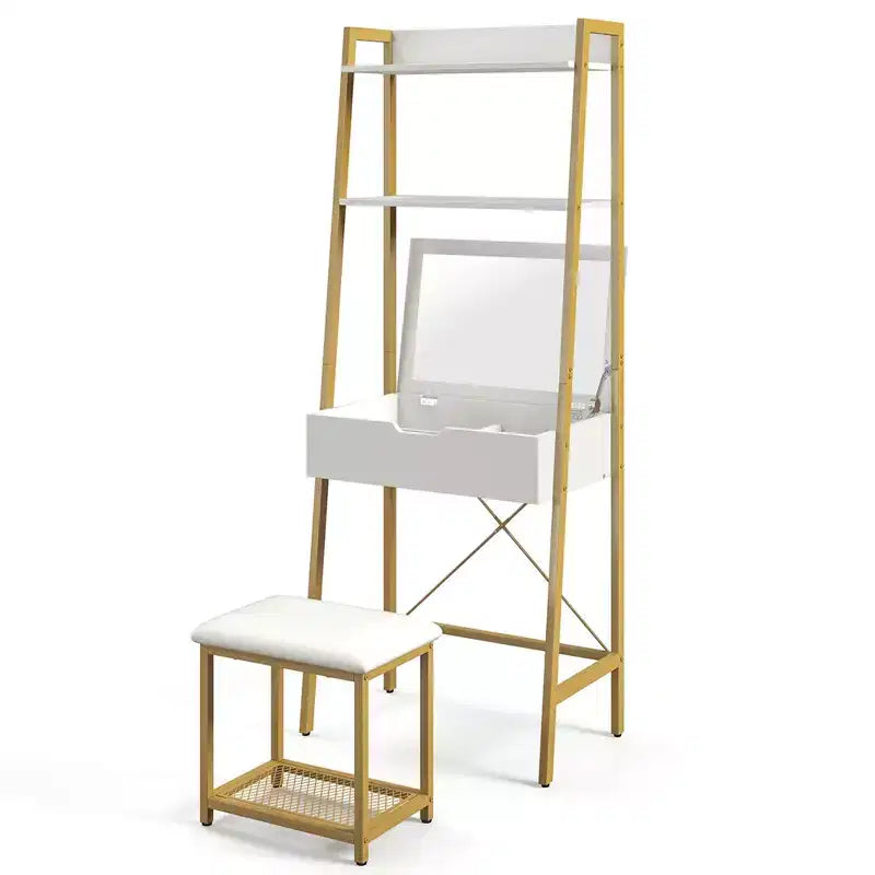 Coiffeuse Costway avec miroir relevable, étagère de rangement et tabouret capitonné, style rustique