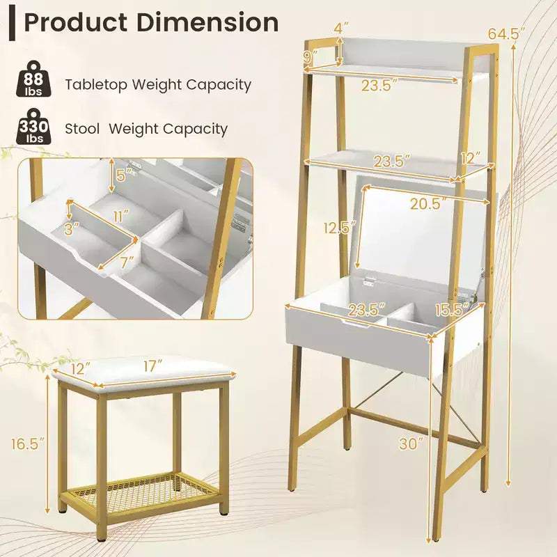 Coiffeuse Costway avec miroir relevable, étagère de rangement et tabouret capitonné, style rustique