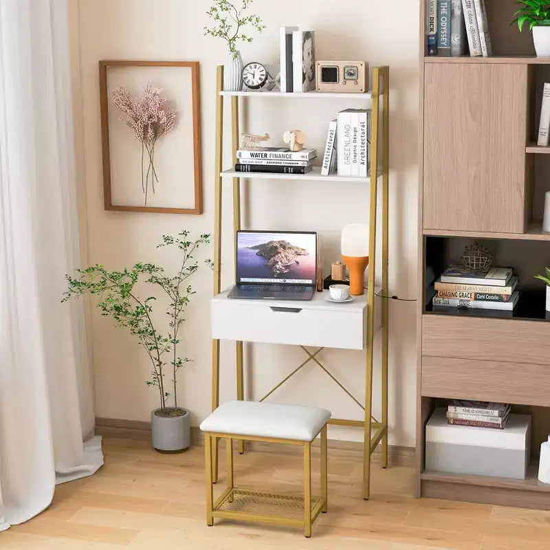 Coiffeuse Costway avec miroir relevable, étagère de rangement et tabouret capitonné, style rustique