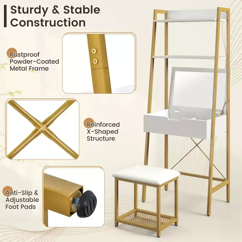 Coiffeuse Costway avec miroir relevable, étagère de rangement et tabouret capitonné, style rustique