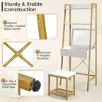 Coiffeuse Costway avec miroir relevable, étagère de rangement et tabouret capitonné, style rustique