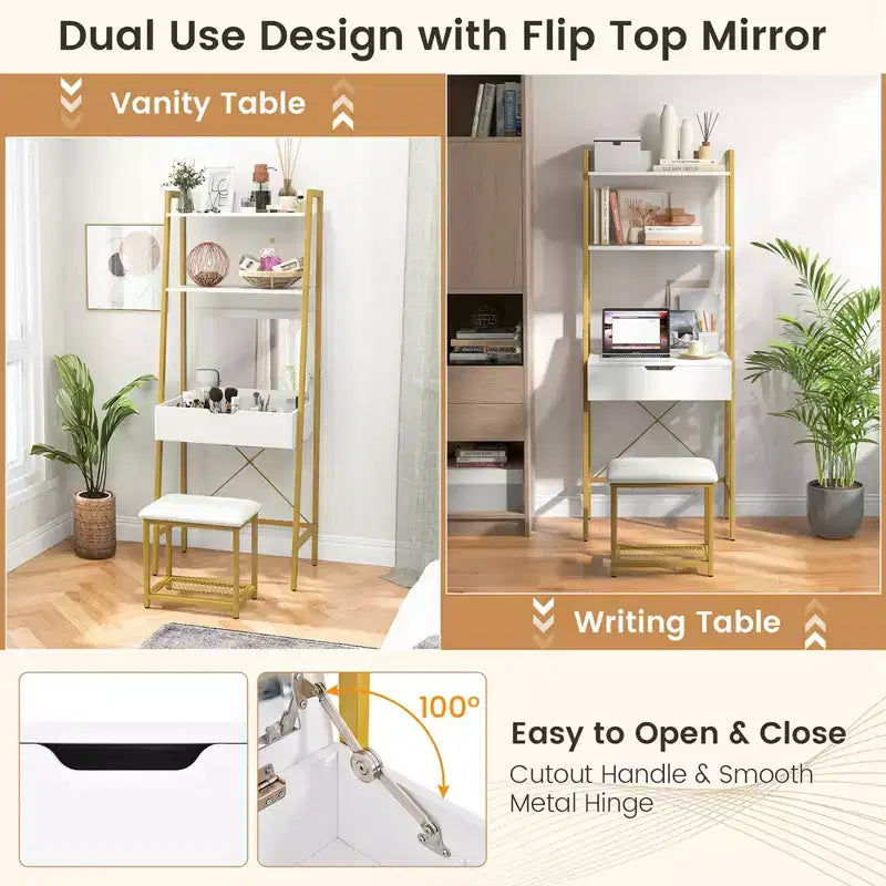 Coiffeuse Costway avec miroir relevable, étagère de rangement et tabouret capitonné, style rustique