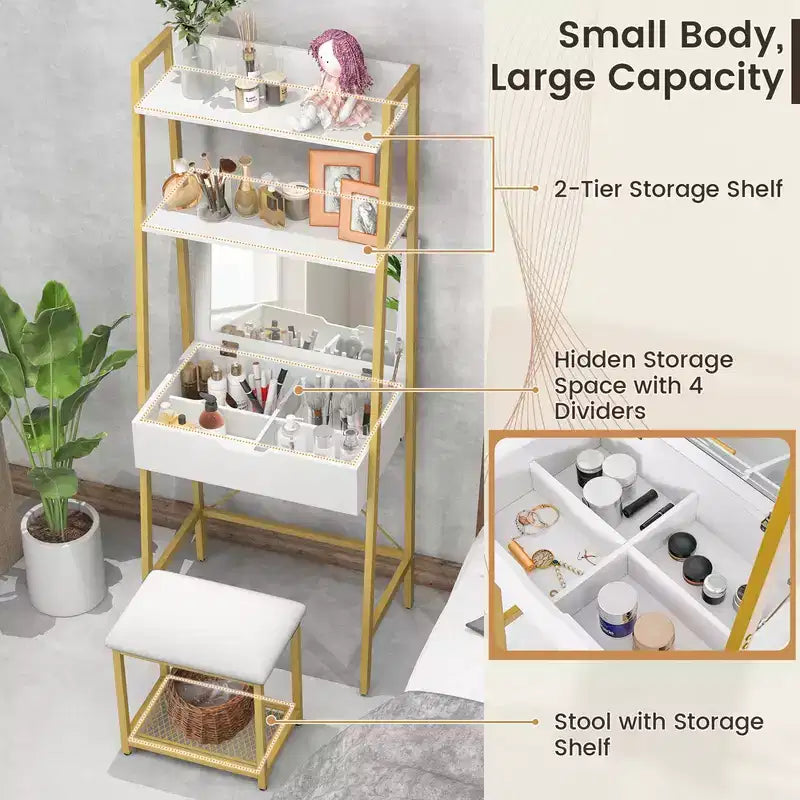 Coiffeuse Costway avec miroir relevable, étagère de rangement et tabouret capitonné, style rustique