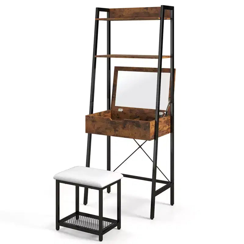 Coiffeuse Costway avec miroir relevable, étagère de rangement et tabouret capitonné, style rustique