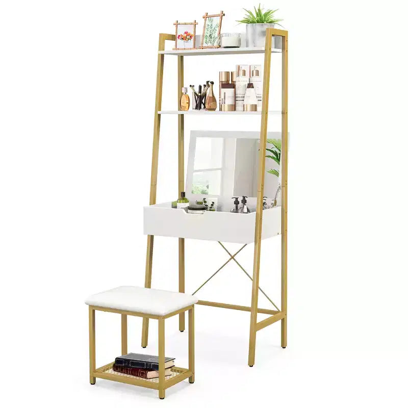 Coiffeuse Costway avec miroir relevable, étagère de rangement et tabouret capitonné, style rustique