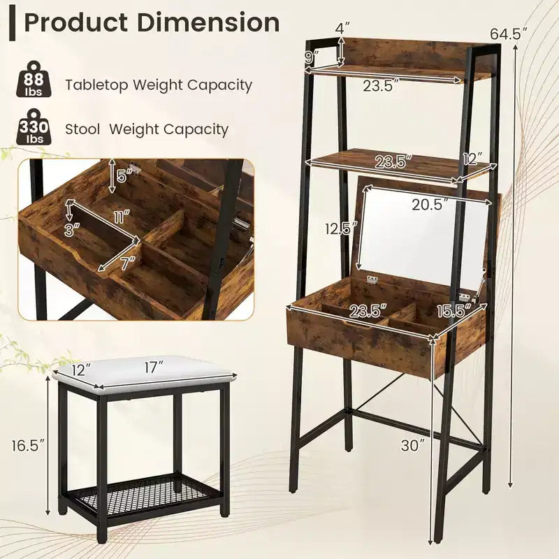 Coiffeuse Costway avec miroir relevable, étagère de rangement et tabouret capitonné, style rustique