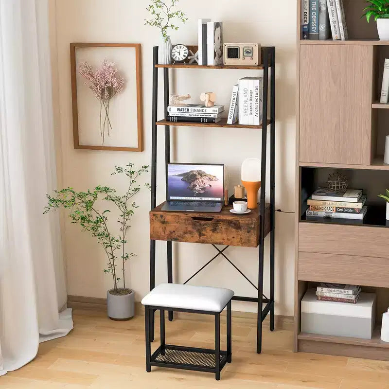 Coiffeuse Costway avec miroir relevable, étagère de rangement et tabouret capitonné, style rustique