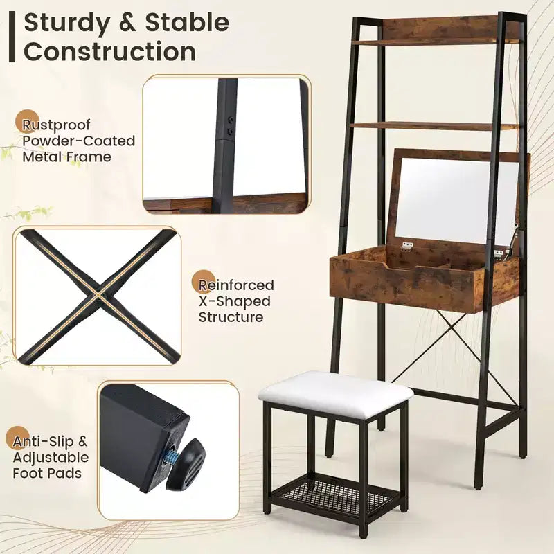Coiffeuse Costway avec miroir relevable, étagère de rangement et tabouret capitonné, style rustique