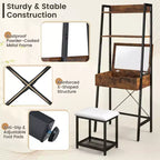 Coiffeuse Costway avec miroir relevable, étagère de rangement et tabouret capitonné, style rustique