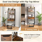 Coiffeuse Costway avec miroir relevable, étagère de rangement et tabouret capitonné, style rustique