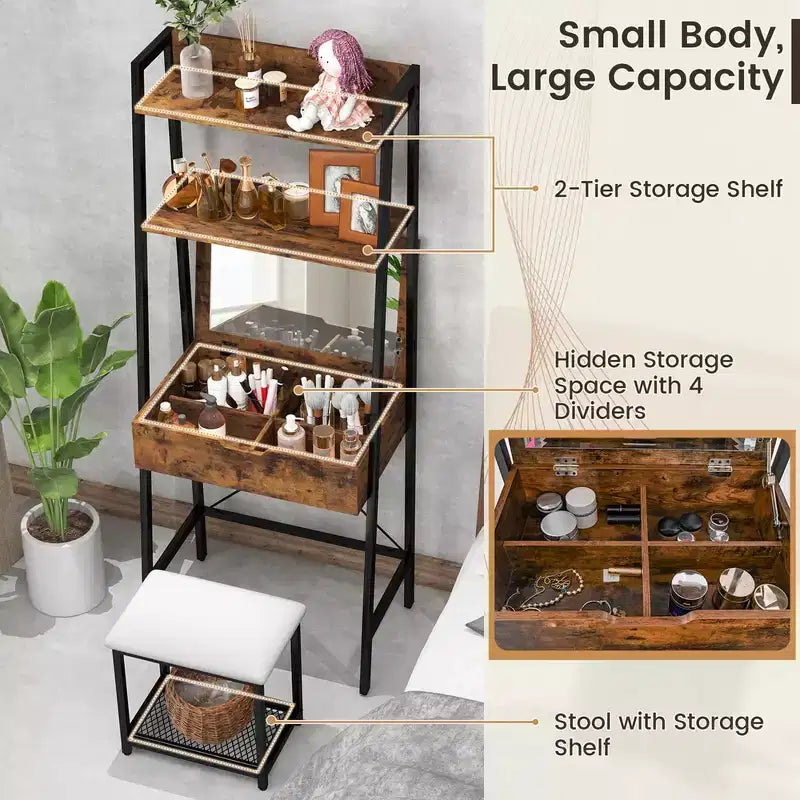 Coiffeuse Costway avec miroir relevable, étagère de rangement et tabouret capitonné, style rustique